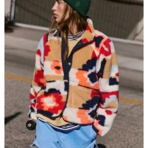 Free People Hit The Slopes Fleece Jacket Womens S Coral Carpet Retro Casual Cozy - Picture 1 of 6